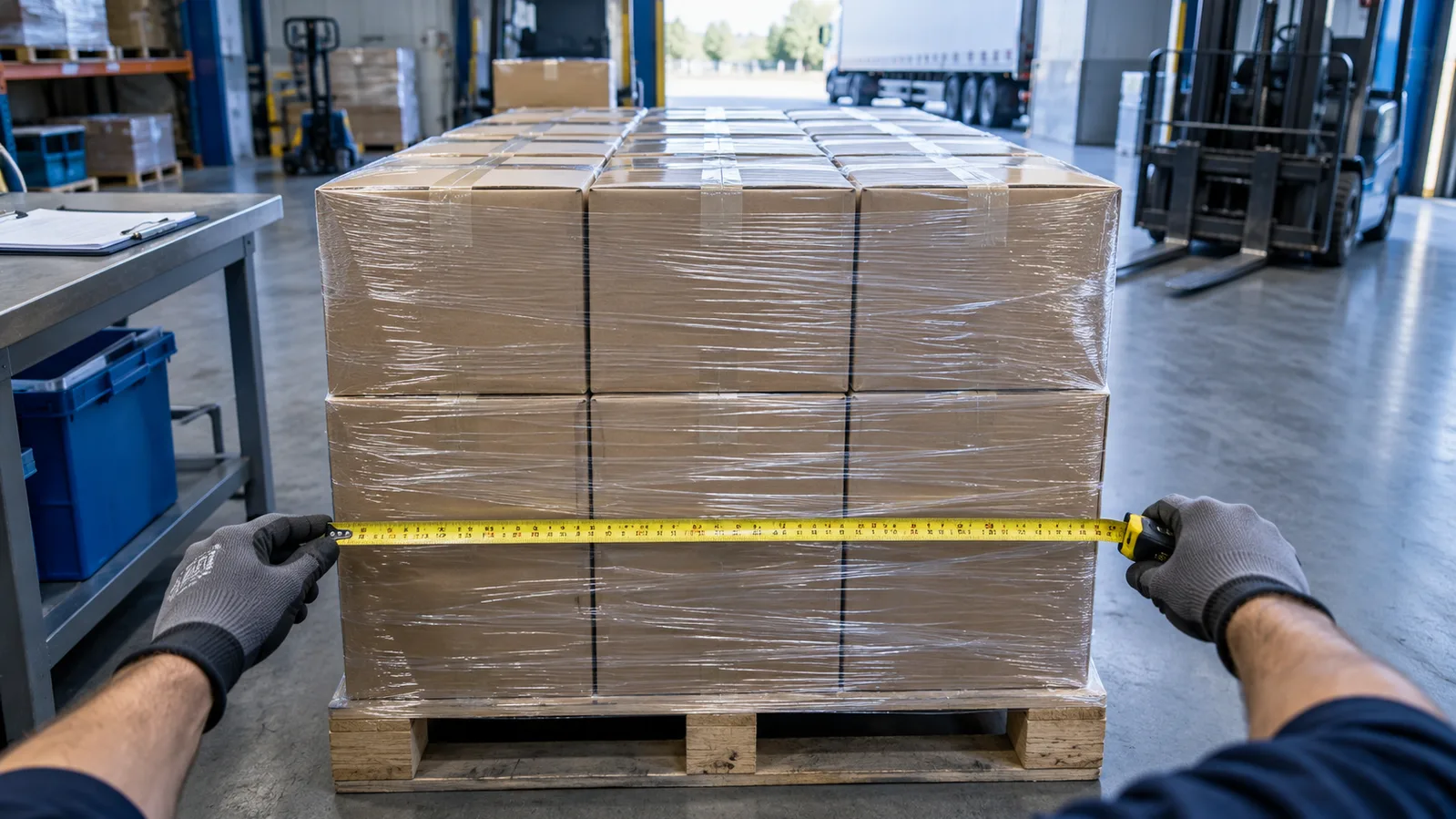 Representative freight preparation scene with a wrapped pallet being measured.