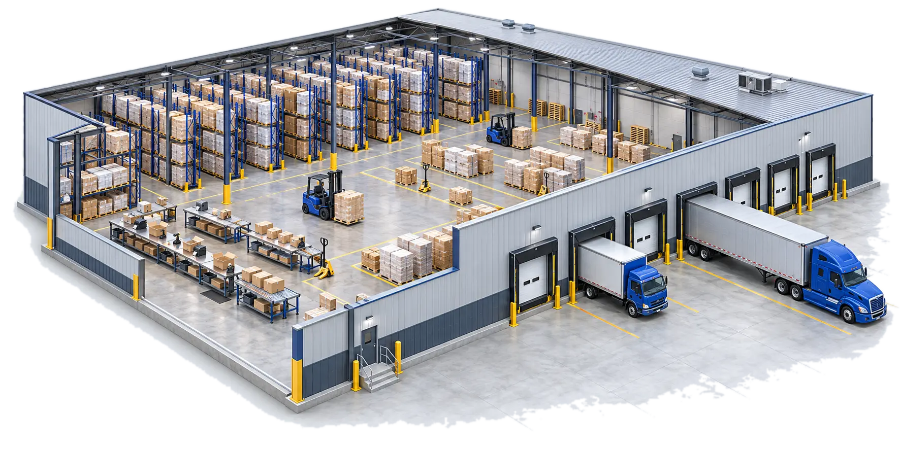 Warehouse cutaway showing pallet storage, packing stations, cargo staging, and loading bays.