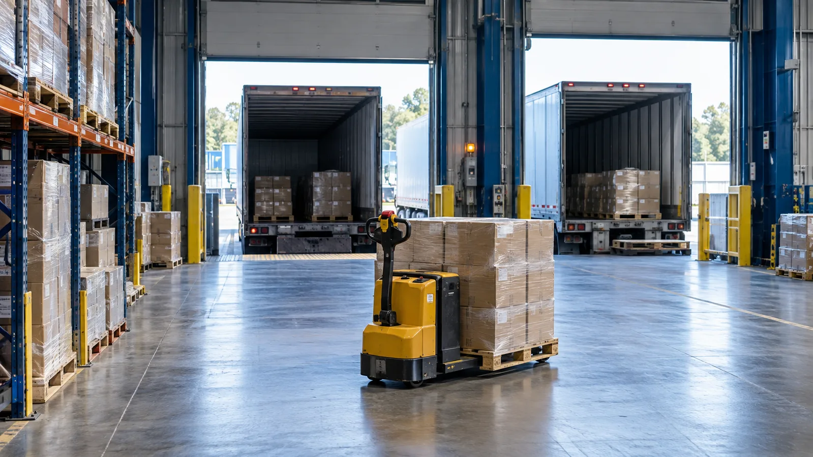 Representative warehouse transfer area with staged pallets and outbound trailers.