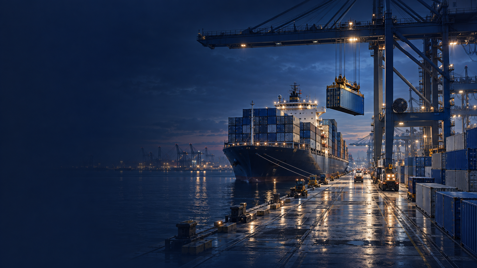 Representative container-terminal arrival scene with a cargo vessel, suspended container, and quay cranes at night.