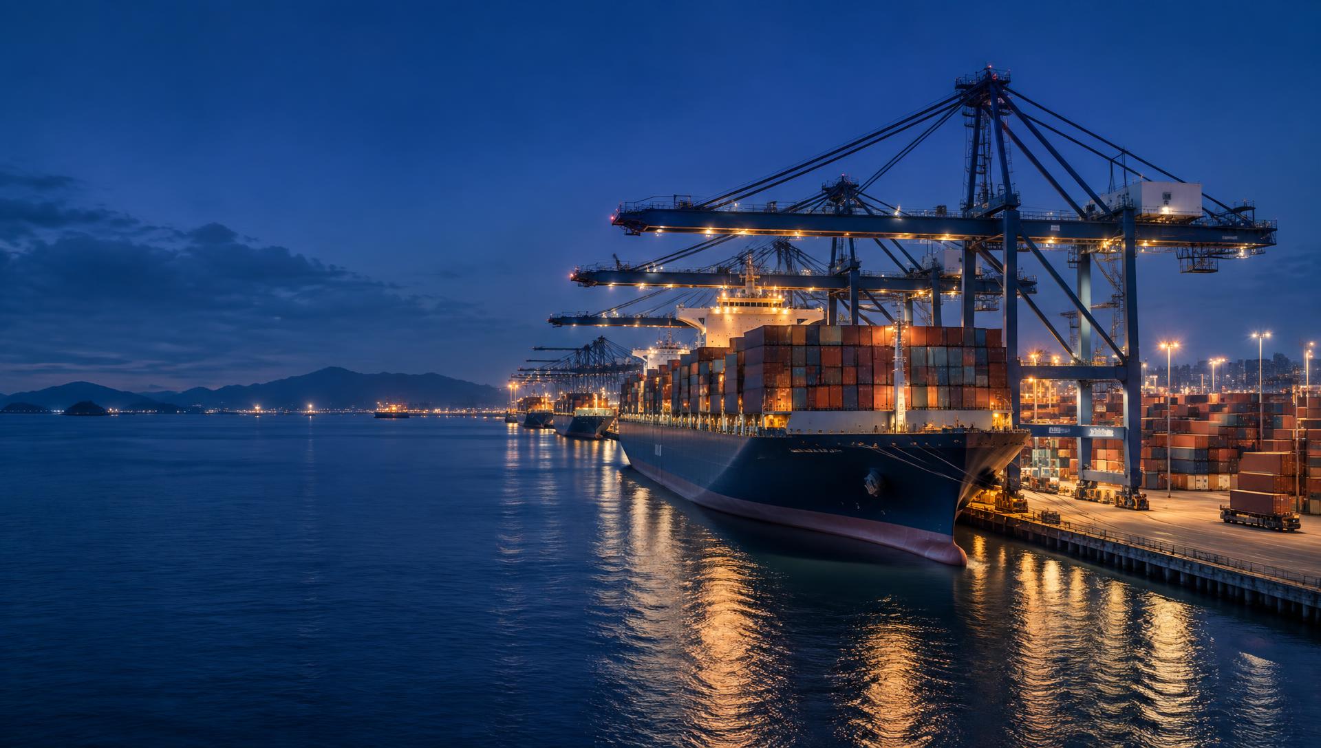 Representative container port and ocean vessel at blue hour